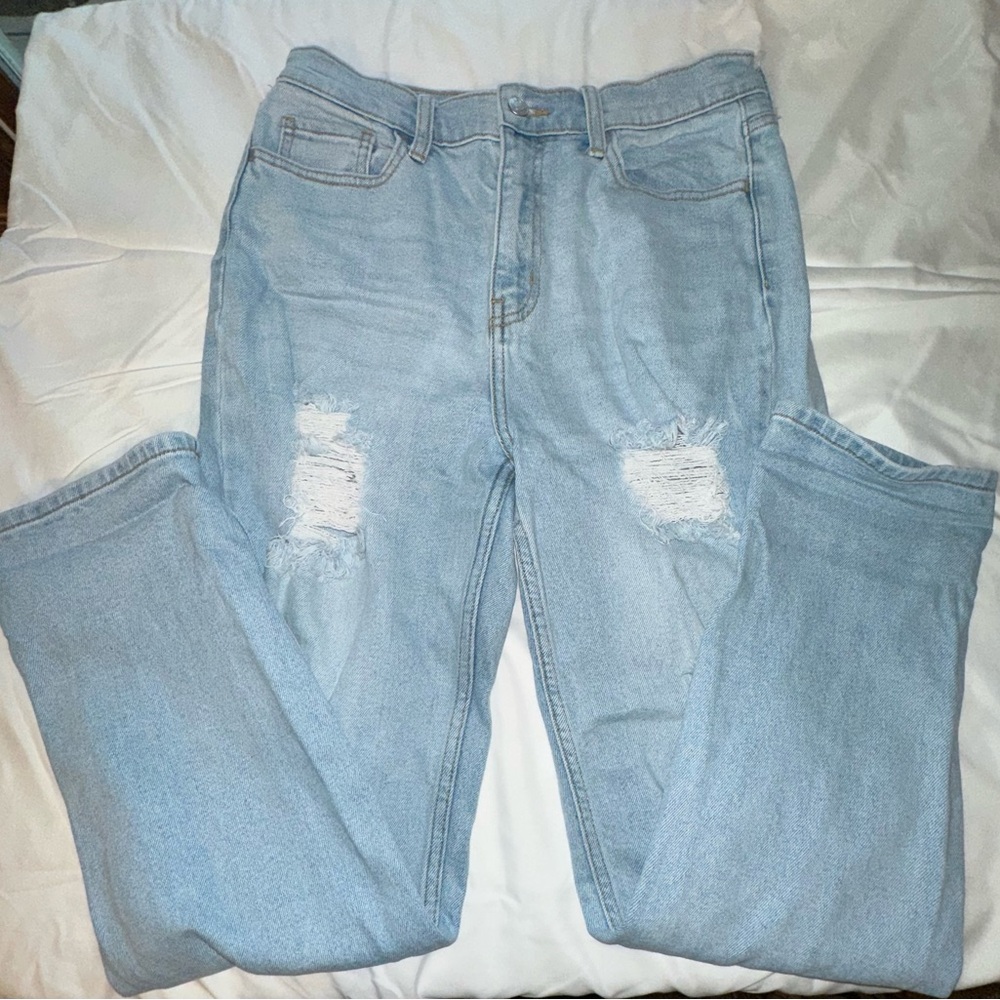 Cello Light Blue Distressed Straight Leg Jeans